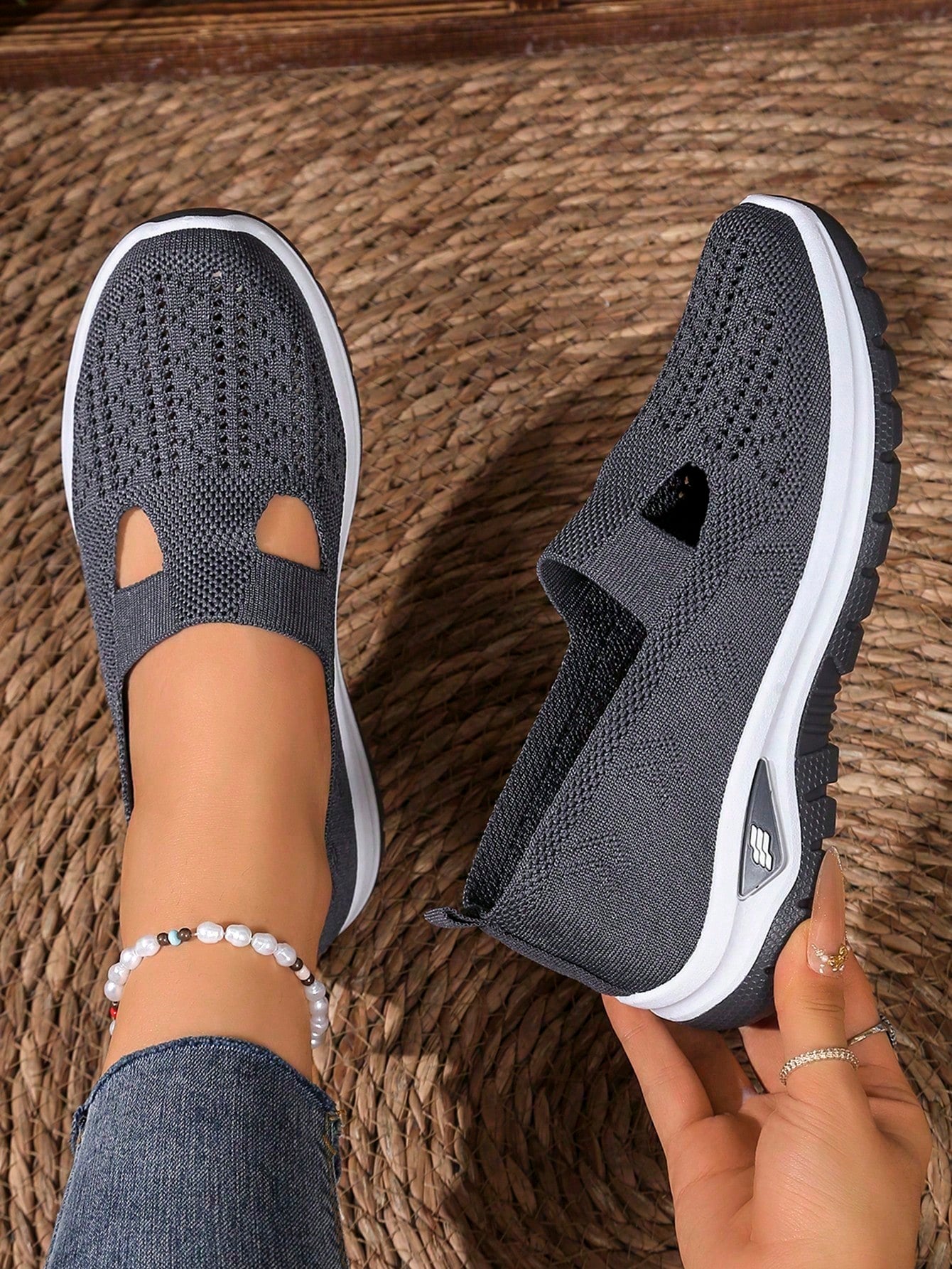 Women's Sequin Knit Mesh Wedge Platform Sneakers, Breathable Lace-Up Non-Slip Supportive Soles. White & Black Shiny Sequins, Great For Daily Outings, Shopping, Summer Street Photos