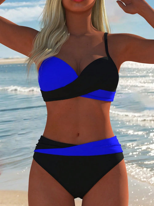 Women's Sexy Casual Black & Blue Colorblock Spaghetti Strap Bikini Set, New Beach Summer Vacation Holiday Travel Outfit