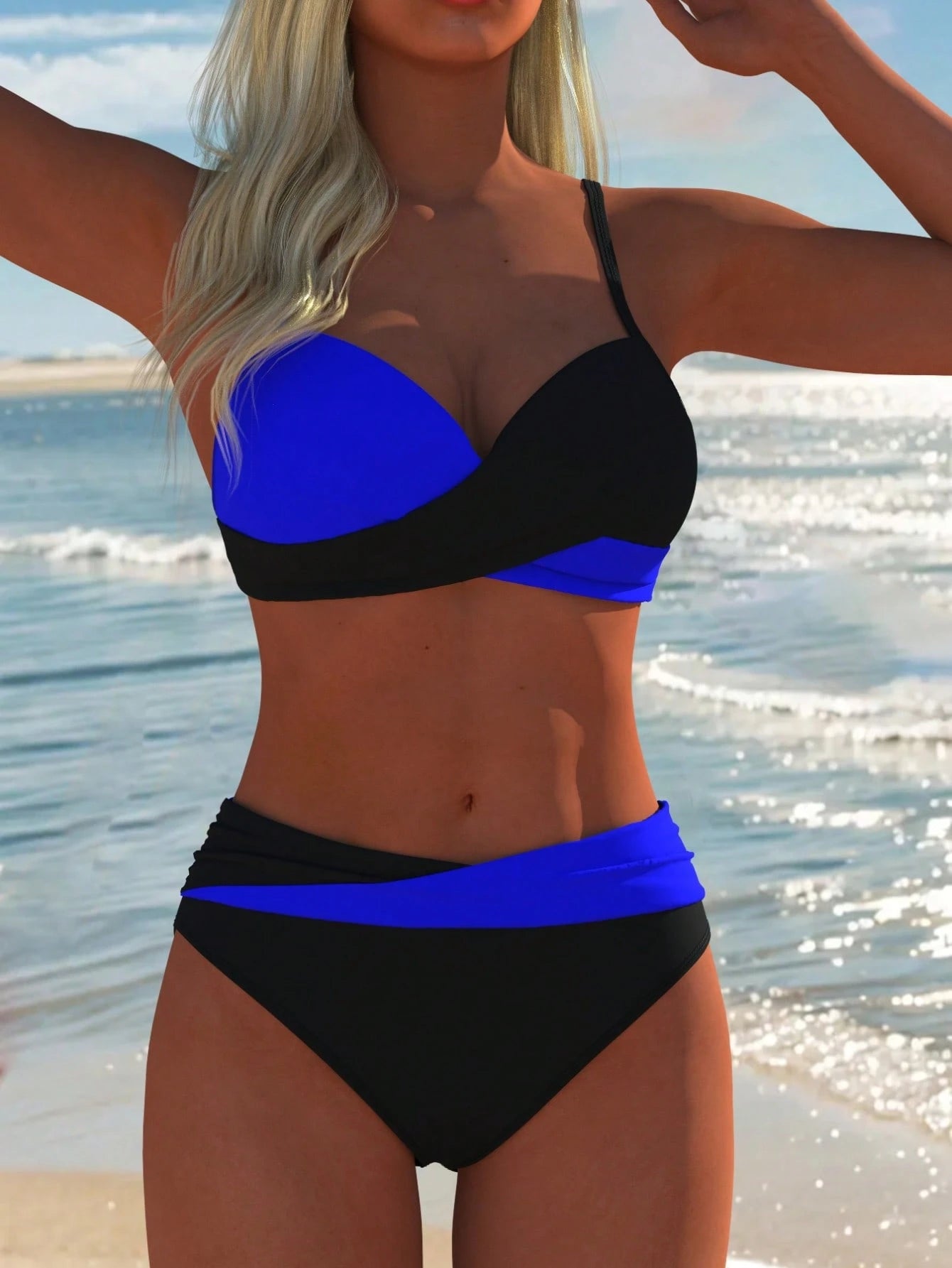 Women's Sexy Casual Black & Blue Colorblock Spaghetti Strap Bikini Set, New Beach Summer Vacation Holiday Travel Outfit