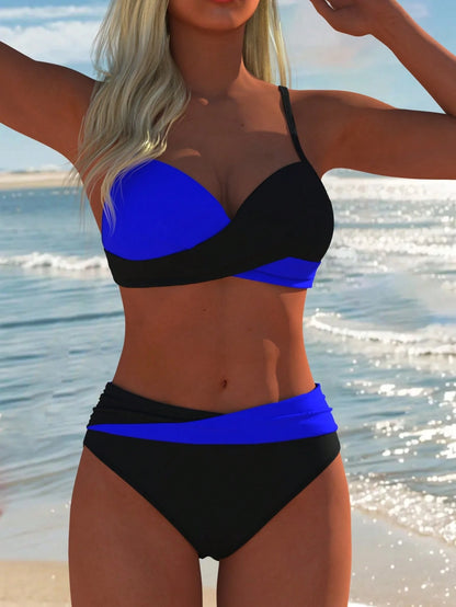 Women's Sexy Casual Black & Blue Colorblock Spaghetti Strap Bikini Set, New Beach Summer Vacation Holiday Travel Outfit