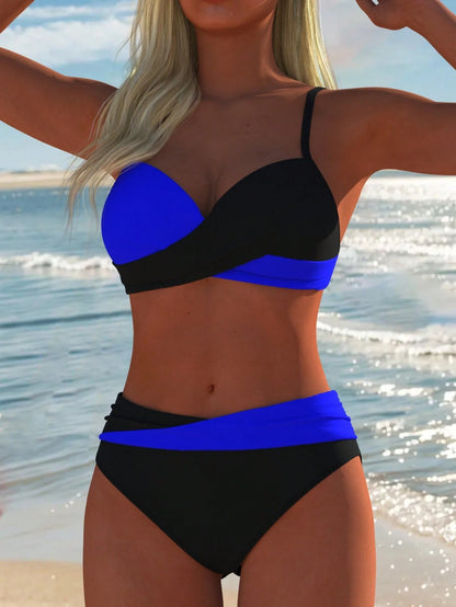 Women's Sexy Casual Black & Blue Colorblock Spaghetti Strap Bikini Set, New Beach Summer Vacation Holiday Travel Outfit