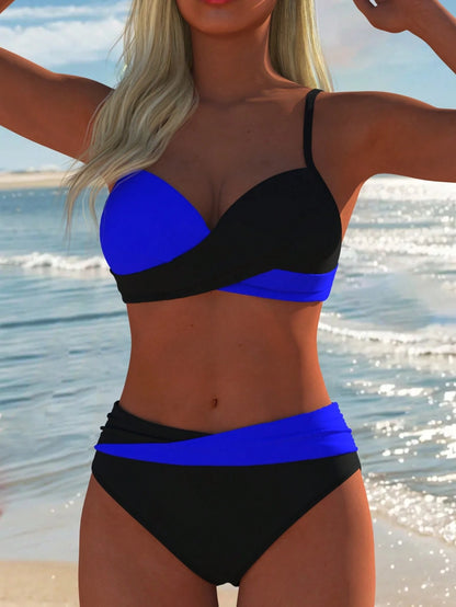 Women's Sexy Casual Black & Blue Colorblock Spaghetti Strap Bikini Set, New Beach Summer Vacation Holiday Travel Outfit