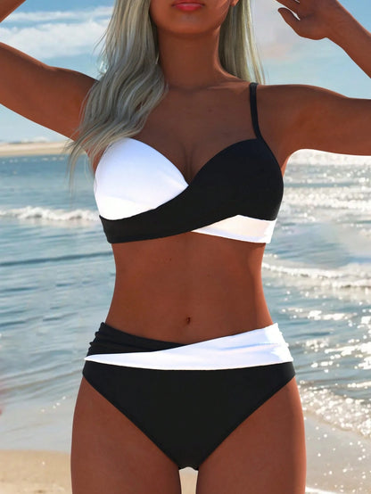 Women's Sexy Casual Black & Blue Colorblock Spaghetti Strap Bikini Set, New Beach Summer Vacation Holiday Travel Outfit