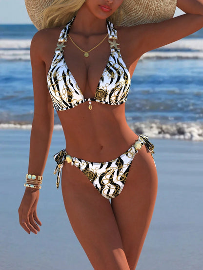 Women's Sexy Halter Bikini Set, Gold Chain & Zebra Print Swimsuit, Beach Vacation New Style, Holiday Summer Travel Outfit