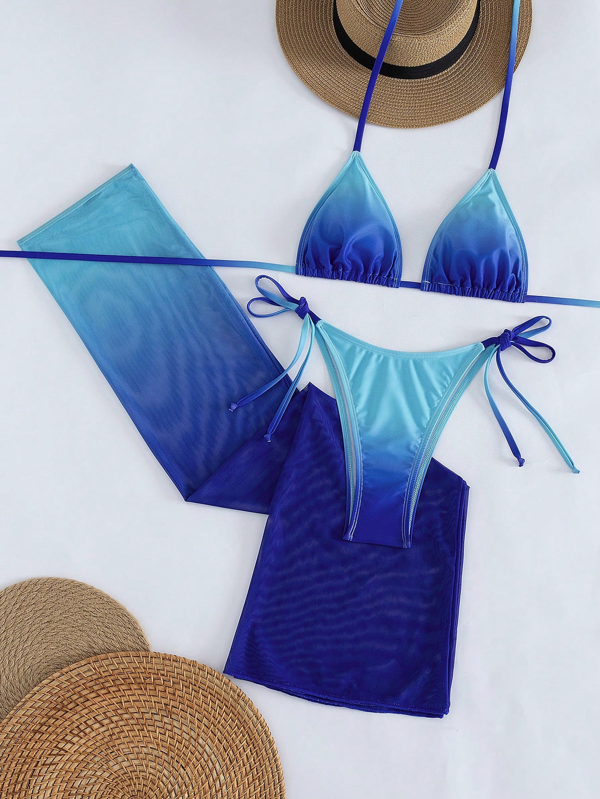 Women's Sexy Halter Tie Gradient Bikini Set With Sheer Mesh Skirt, High Elasticity 3-Piece Swimsuit, Creating A Charming Mermaid Look