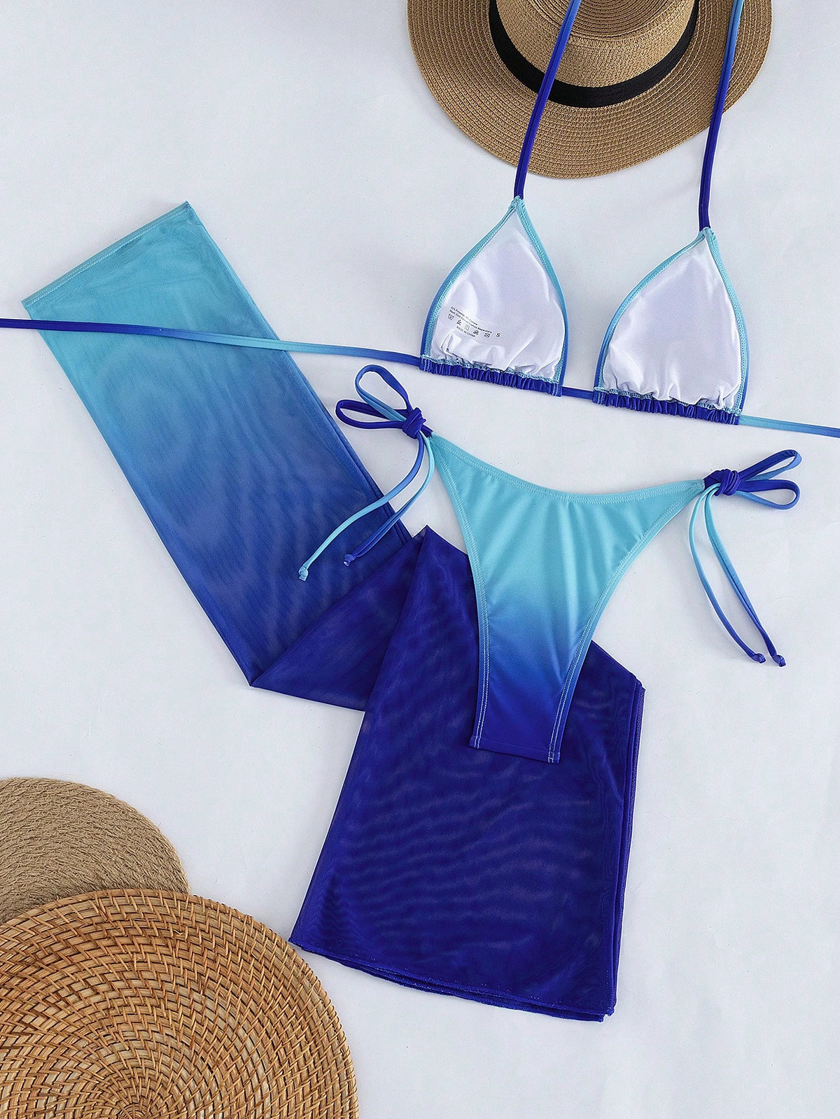 Women's Sexy Halter Tie Gradient Bikini Set With Sheer Mesh Skirt, High Elasticity 3-Piece Swimsuit, Creating A Charming Mermaid Look