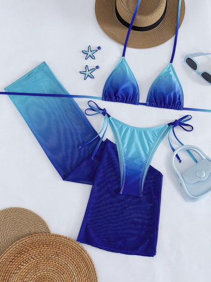 Women's Sexy Halter Tie Gradient Bikini Set With Sheer Mesh Skirt, High Elasticity 3-Piece Swimsuit, Creating A Charming Mermaid Look