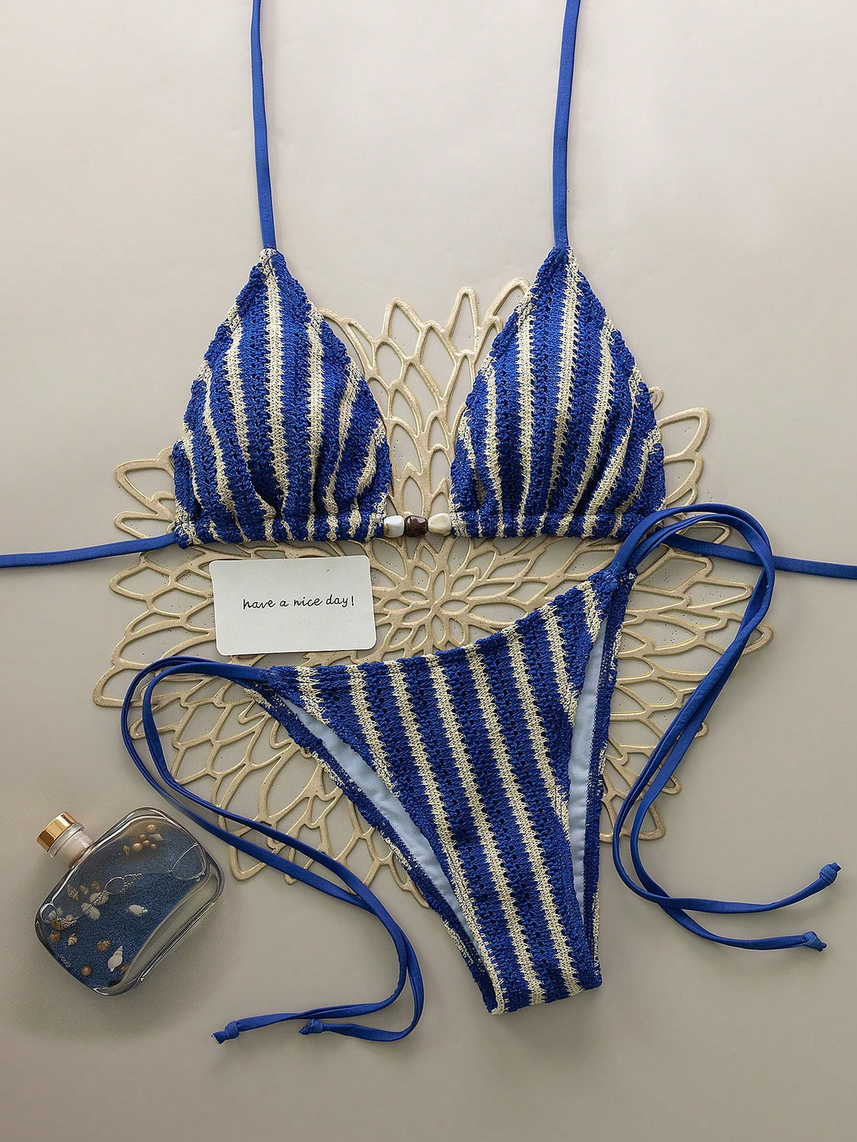 Women's Sexy V-Neck Striped Bikini Set, Pearl Tie Design, Side Tie Bottom, Suitable For Beach Vacation Summer