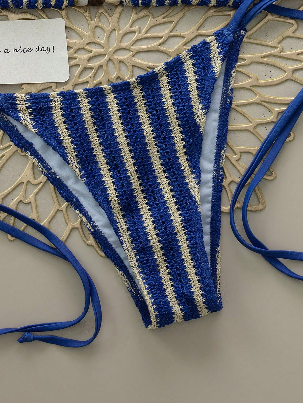 Women's Sexy V-Neck Striped Bikini Set, Pearl Tie Design, Side Tie Bottom, Suitable For Beach Vacation Summer