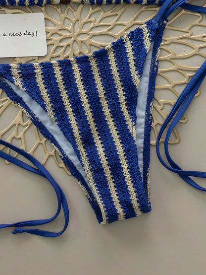 Women's Sexy V-Neck Striped Bikini Set, Pearl Tie Design, Side Tie Bottom, Suitable For Beach Vacation Summer