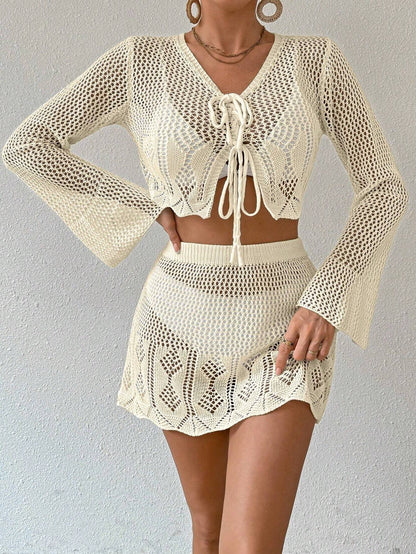 Women's Sheer Solid Color Front Tie Long Sleeve Top & Skirt Cover-Up Set, 2pcs Summer