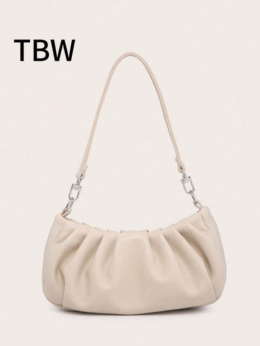 Women's Shoulder Bag, Baguette Bag, PU Wrinkled Fabric, Multi-Functional Front Chain Decoration, Simple And Versatile, Suitable For Commuting, Shopping And Outings