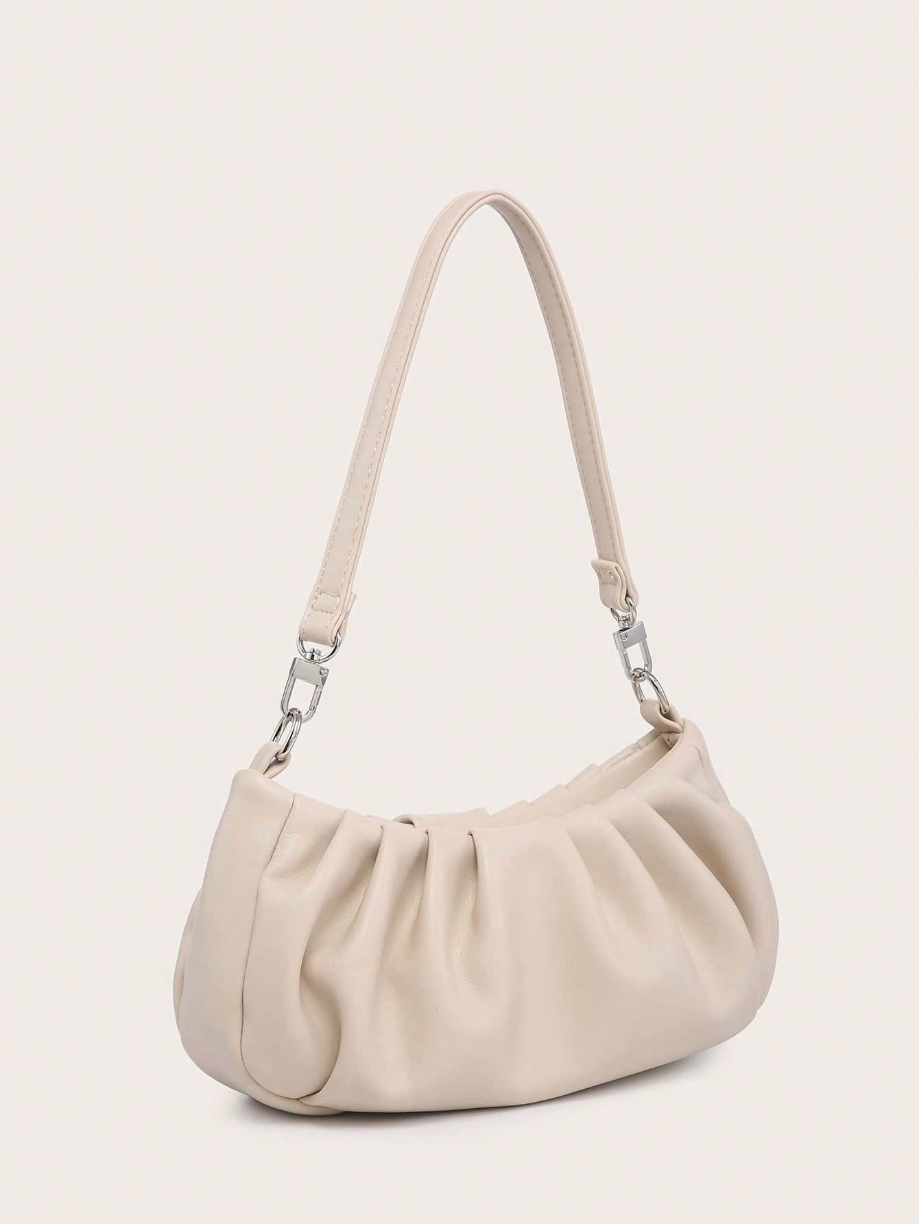 Women's Shoulder Bag, Baguette Bag, PU Wrinkled Fabric, Multi-Functional Front Chain Decoration, Simple And Versatile, Suitable For Commuting, Shopping And Outings
