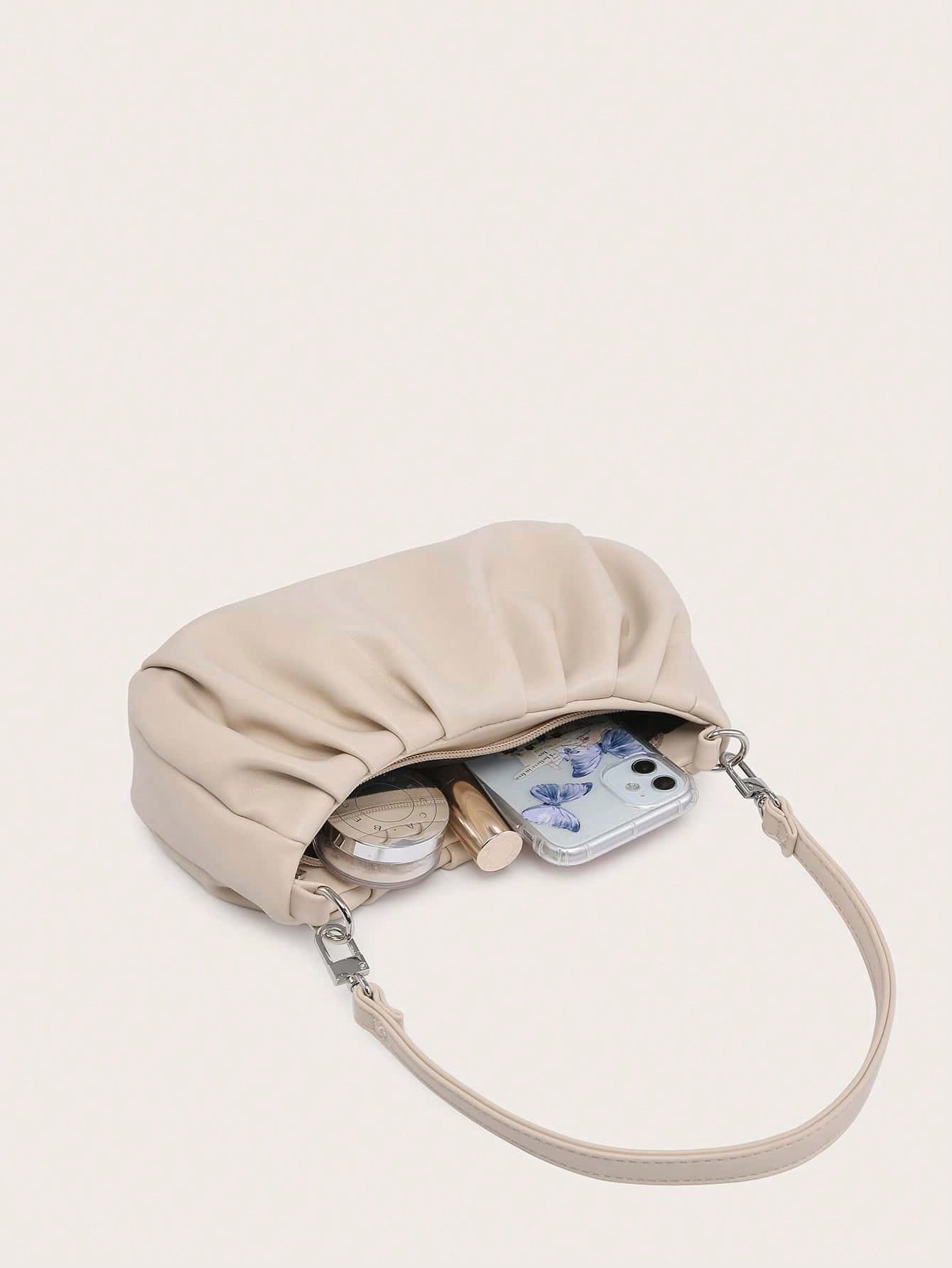 Women's Shoulder Bag, Baguette Bag, PU Wrinkled Fabric, Multi-Functional Front Chain Decoration, Simple And Versatile, Suitable For Commuting, Shopping And Outings