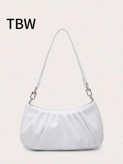 Women's Shoulder Bag, Baguette Bag, PU Wrinkled Fabric, Multi-Functional Front Chain Decoration, Simple And Versatile, Suitable For Commuting, Shopping And Outings