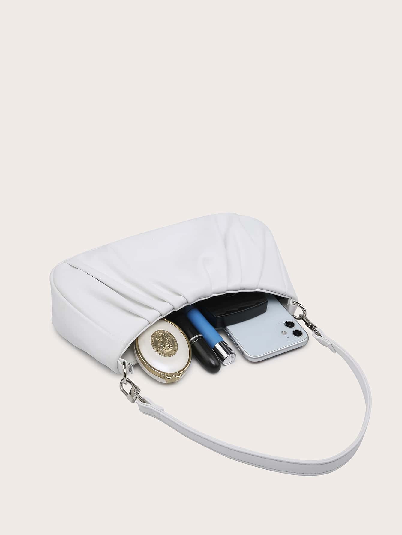 Women's Shoulder Bag, Baguette Bag, PU Wrinkled Fabric, Multi-Functional Front Chain Decoration, Simple And Versatile, Suitable For Commuting, Shopping And Outings