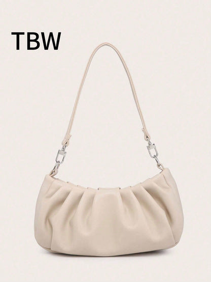 Women's Shoulder Bag, Baguette Bag, PU Wrinkled Fabric, Multi-Functional Front Chain Decoration, Simple And Versatile, Suitable For Commuting, Shopping And Outings
