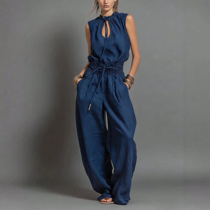 Women's Sleeveless Keyhole Neck Jumpsuit, Elastic Waist Wide Leg Pants, Casual & Resort Wear