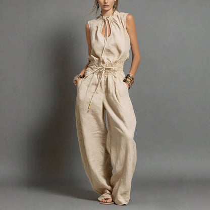 Women's Sleeveless Keyhole Neck Jumpsuit, Elastic Waist Wide Leg Pants, Casual & Resort Wear