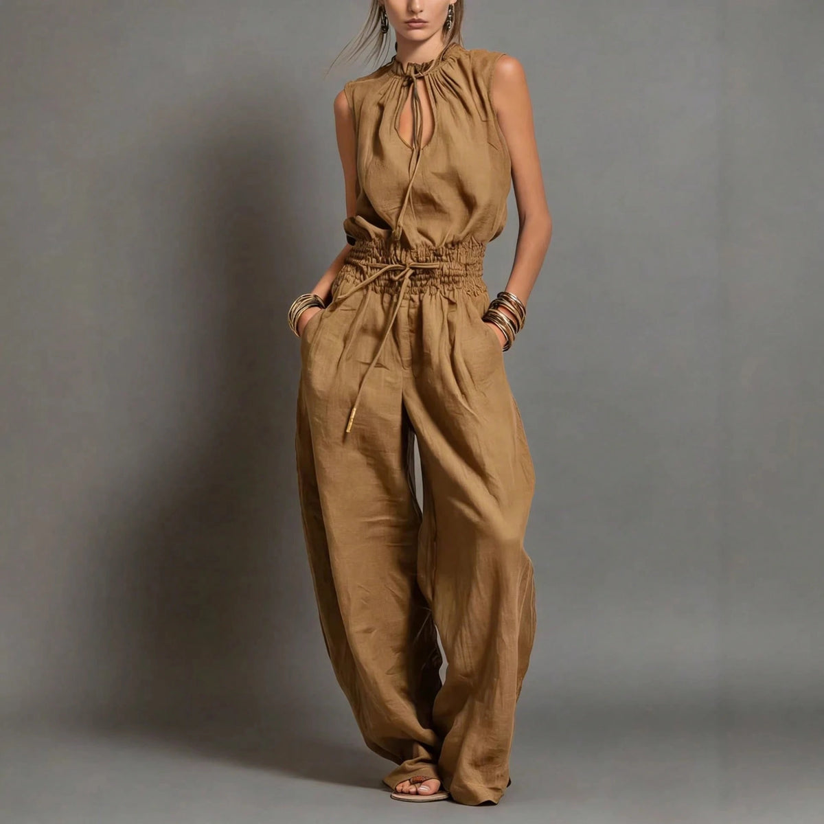 Women's Sleeveless Keyhole Neck Jumpsuit, Elastic Waist Wide Leg Pants, Casual & Resort Wear