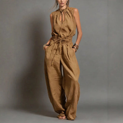 Women's Sleeveless Keyhole Neck Jumpsuit, Elastic Waist Wide Leg Pants, Casual & Resort Wear