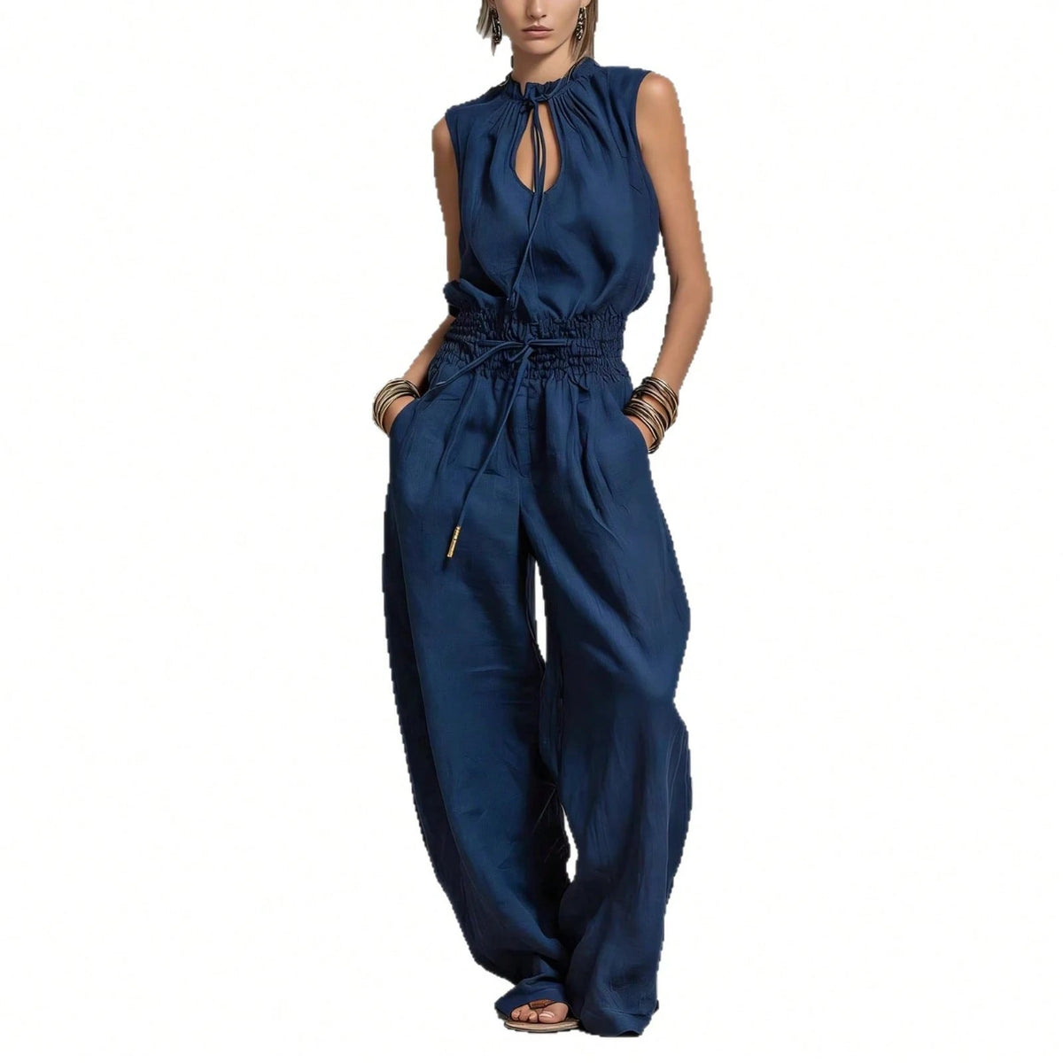 Women's Sleeveless Keyhole Neck Jumpsuit, Elastic Waist Wide Leg Pants, Casual & Resort Wear