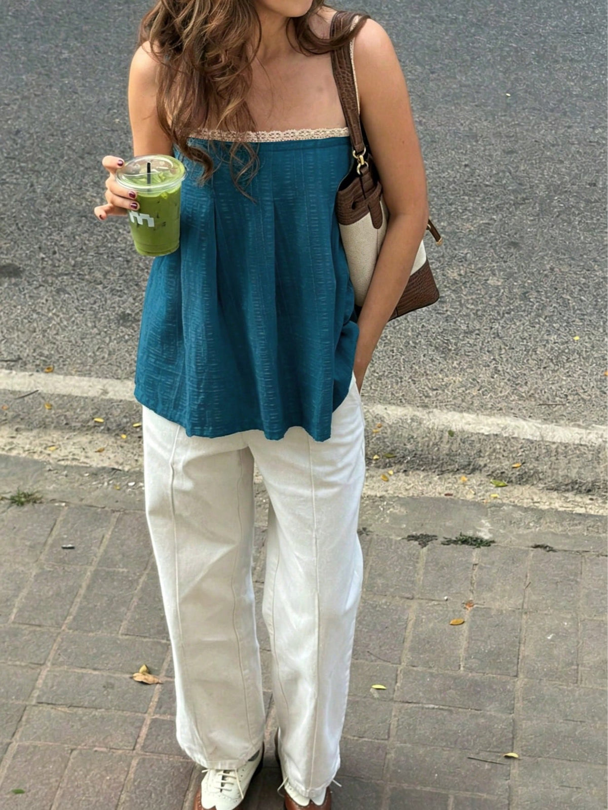 Women's Sleeveless Woven Fabric Lace Strap Top, Casual Loose Fit, Regular Length Shirt With Textured Fabric And Lace Patchwork Design Summer
