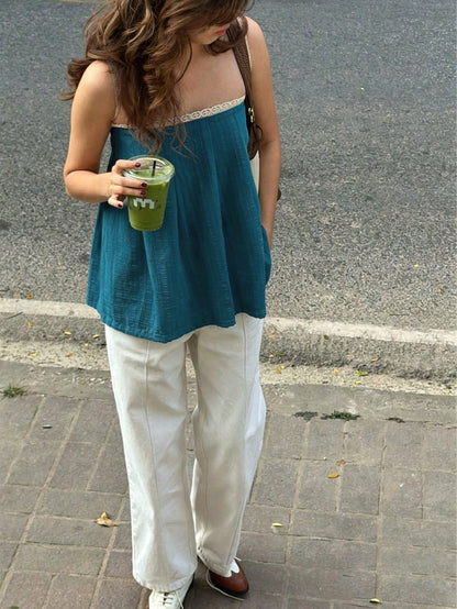 Women's Sleeveless Woven Fabric Lace Strap Top, Casual Loose Fit, Regular Length Shirt With Textured Fabric And Lace Patchwork Design Summer