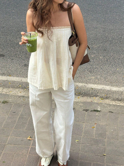 Women's Sleeveless Woven Fabric Lace Strap Top, Casual Loose Fit, Regular Length Shirt With Textured Fabric And Lace Patchwork Design Summer
