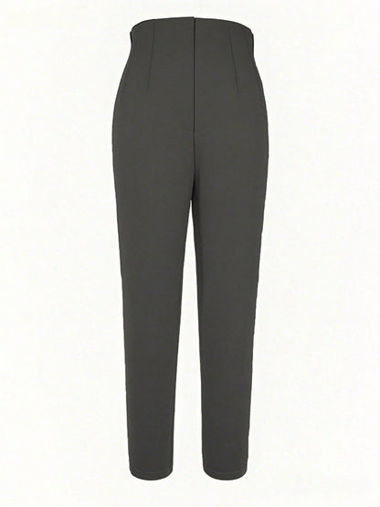 Women's Slim Fit Waist Cinched 9/10 Length Commuter Pants, Knit Fabric, Fitted, With Zipper And Pockets, Medium Stretch, Perfect For Autumn/Winter Back To School, Gray