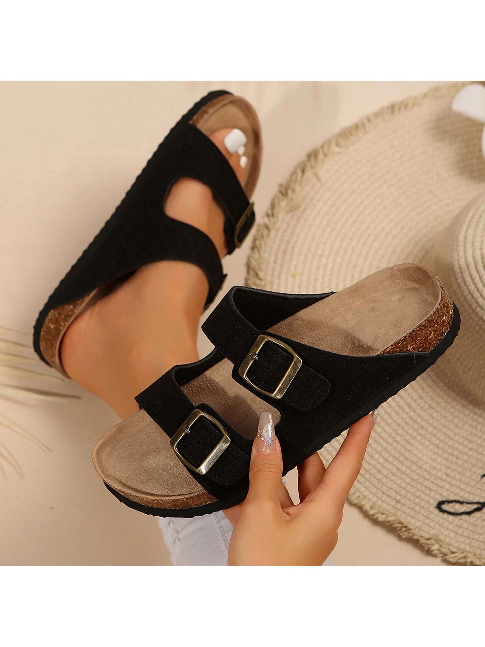 Women's Slip-On Sandals With Adjustable Buckle And Cork Footbed- Comfortable And Stylish Slide Sandals For Any Occasion, Boho