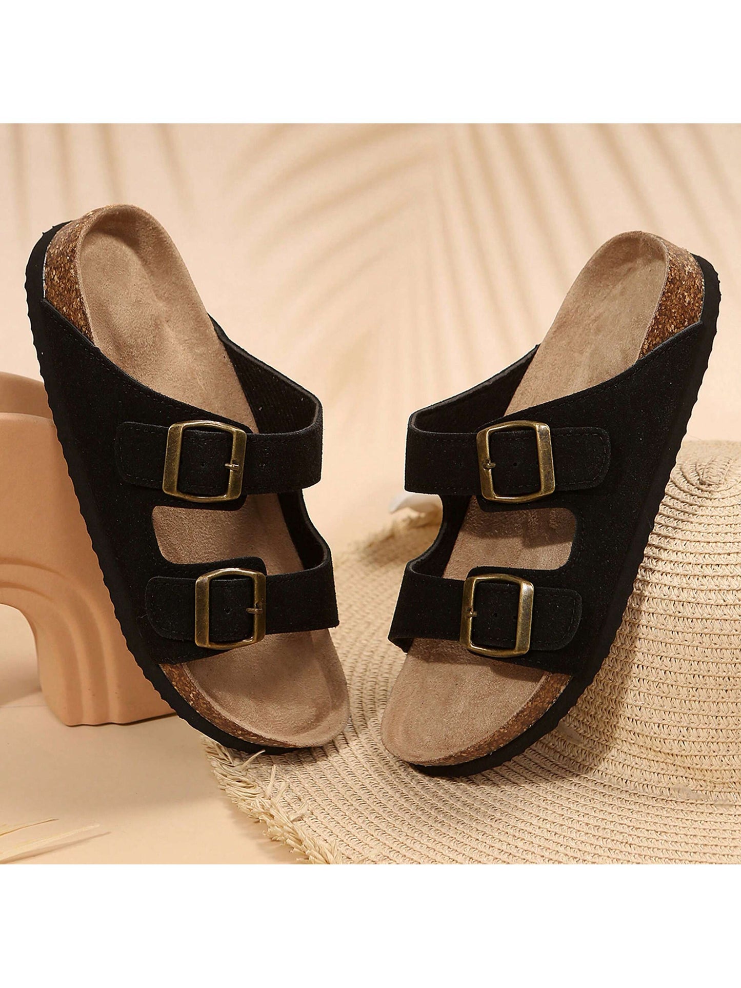 Women's Slip-On Sandals With Adjustable Buckle And Cork Footbed- Comfortable And Stylish Slide Sandals For Any Occasion, Boho