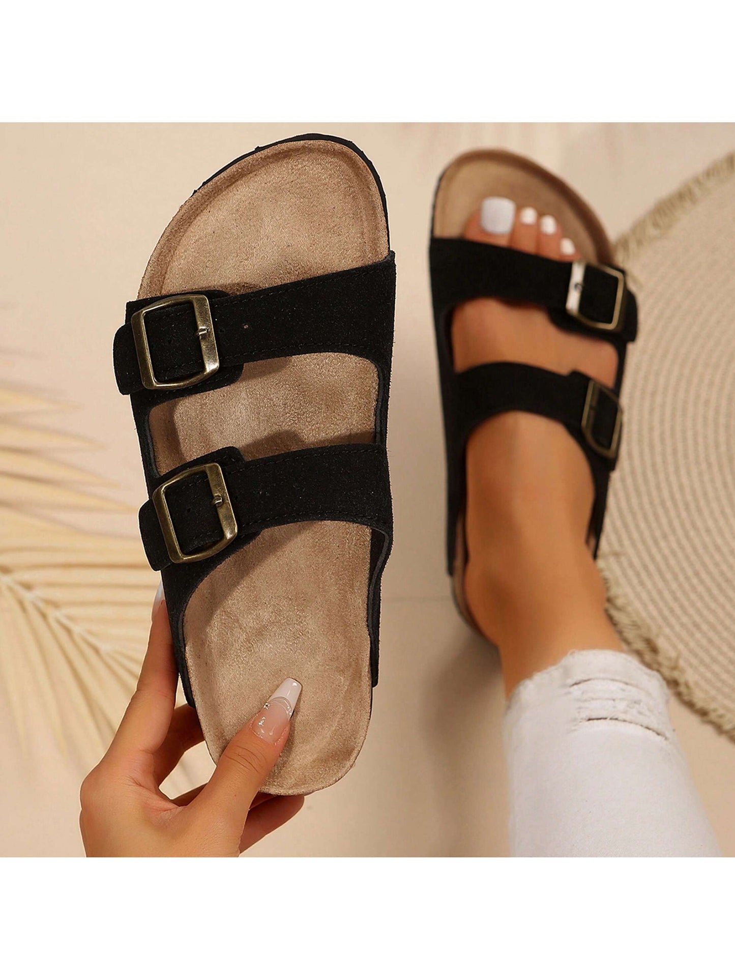 Women's Slip-On Sandals With Adjustable Buckle And Cork Footbed- Comfortable And Stylish Slide Sandals For Any Occasion, Boho