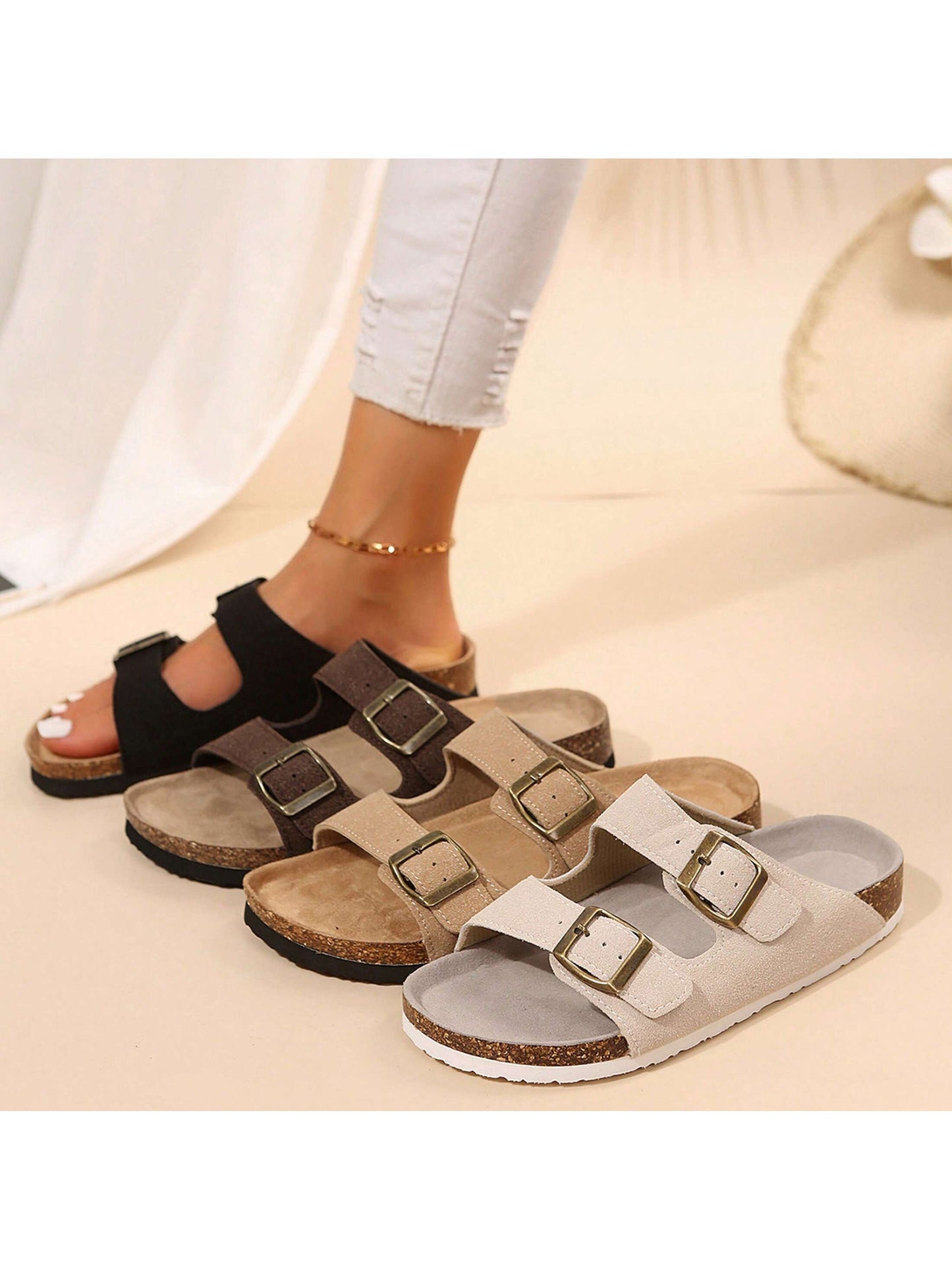 Women's Slip-On Sandals With Adjustable Buckle And Cork Footbed- Comfortable And Stylish Slide Sandals For Any Occasion, Boho