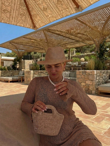 Women's Solid Brown Hollow-Out Long Sleeve Knit Dress, Y2K Casual Loose Fit, Elegant Beach Resort Style, Swimsuit Cover-Up Vacation Summer