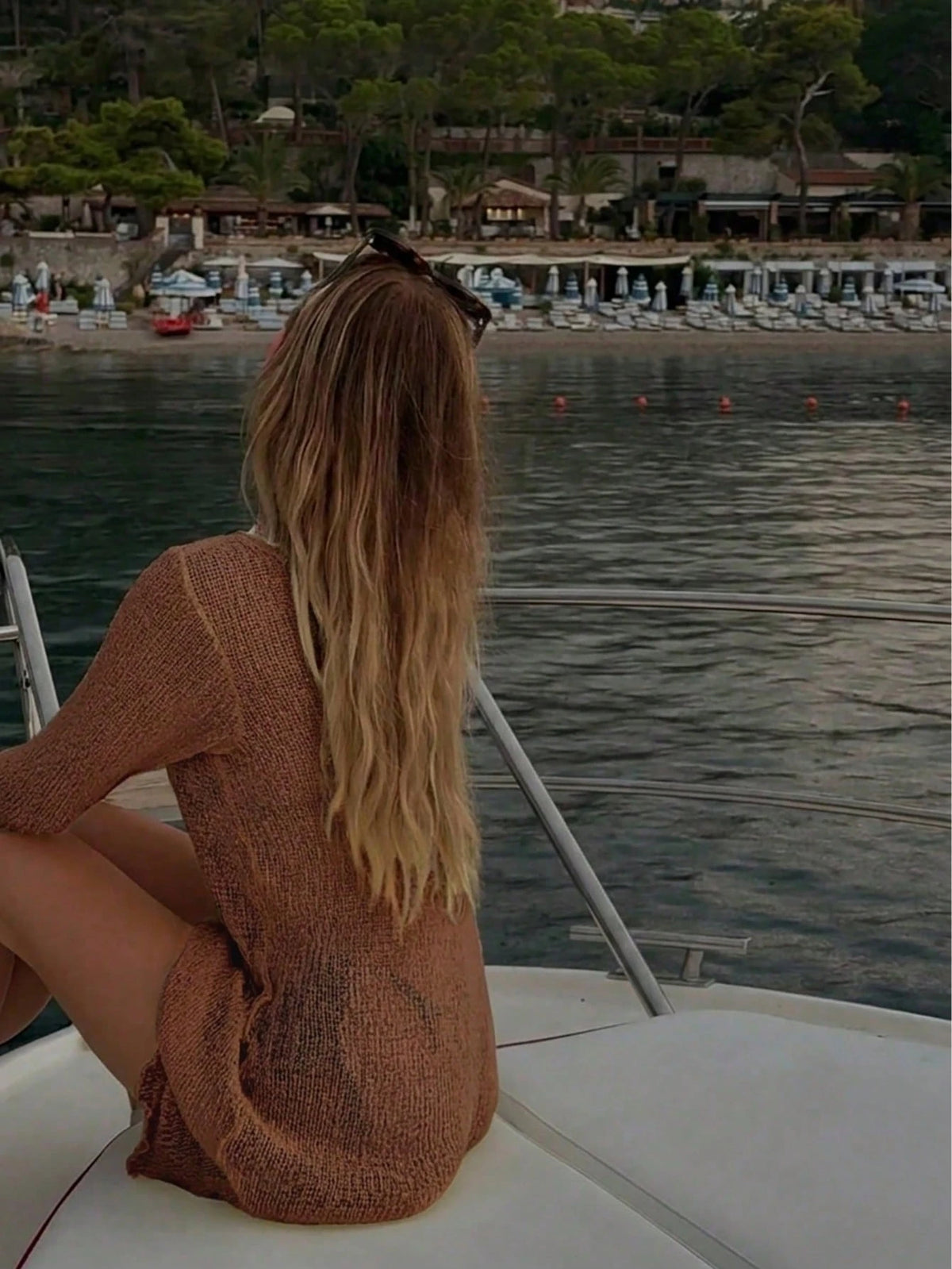 Women's Solid Brown Hollow-Out Long Sleeve Knit Dress, Y2K Casual Loose Fit, Elegant Beach Resort Style, Swimsuit Cover-Up Vacation Summer
