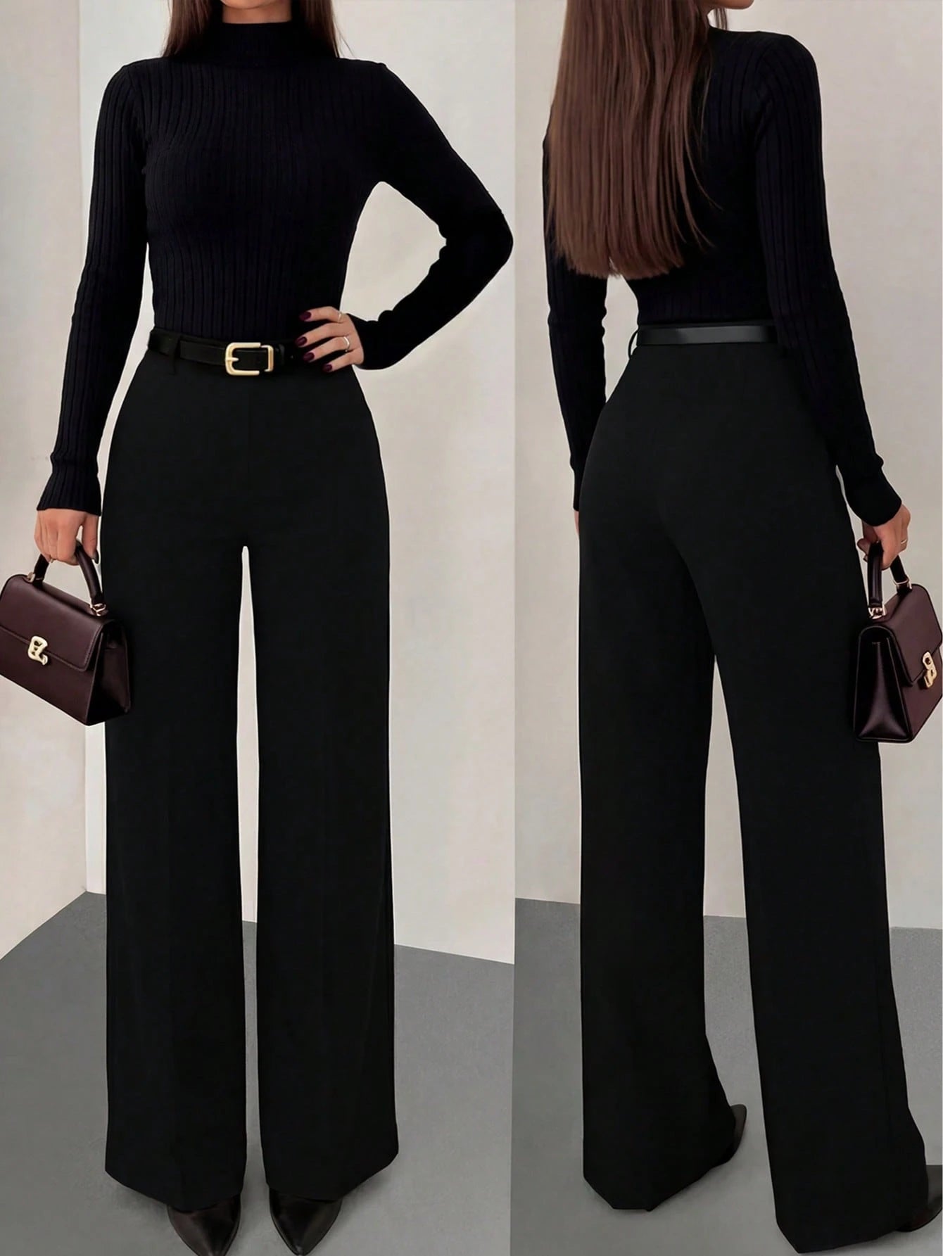 Women's Solid Color Skinny Fitted Straight Leg Pants, Elegant Vacation & Commute Style, No Belt Spring Black, High Waisted