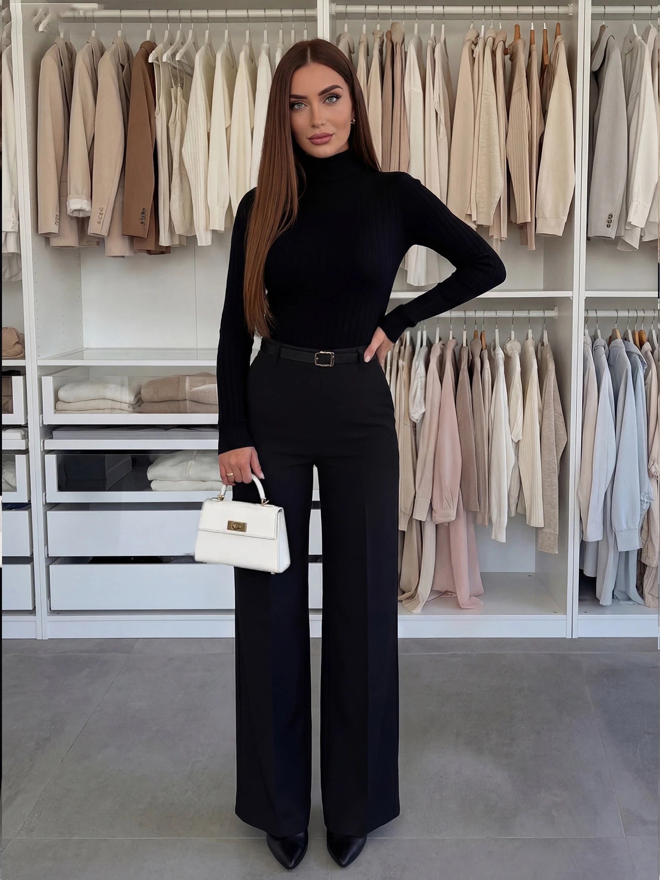 Women's Solid Color Skinny Fitted Straight Leg Pants, Elegant Vacation & Commute Style, No Belt Spring Black, High Waisted