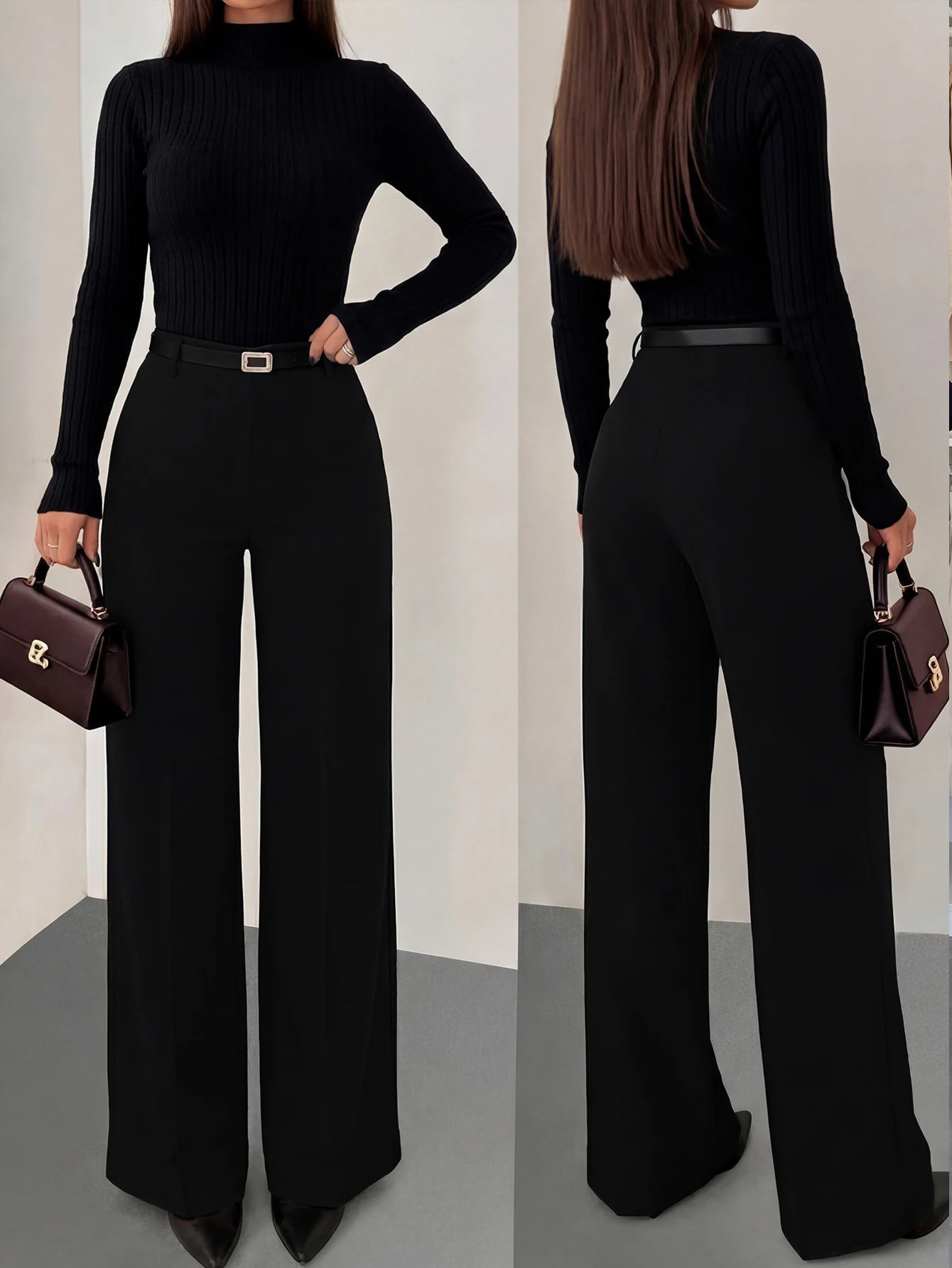 Women's Solid Color Skinny Fitted Straight Leg Pants, Elegant Vacation & Commute Style, No Belt Spring Black, High Waisted