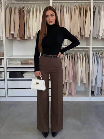 Women's Solid Color Skinny Fitted Straight Leg Pants, Elegant Vacation & Commute Style, No Belt Spring Black, High Waisted