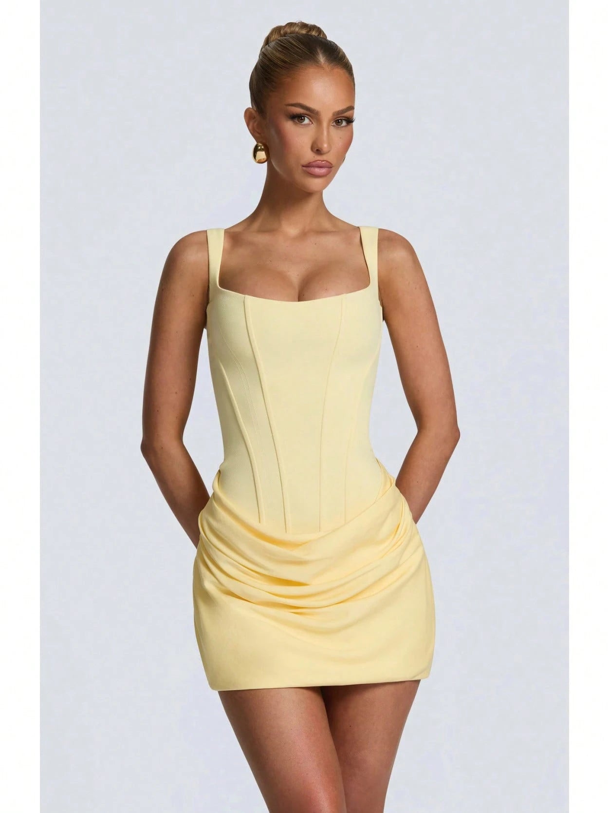Women's Square Neck Sleeveless Mini Dress, Corset Style Ruched Bodycon Party Dress