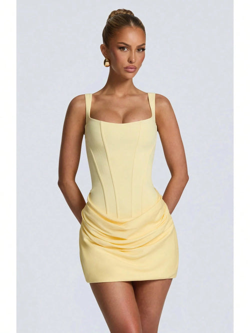 Women's Square Neck Sleeveless Mini Dress, Corset Style Ruched Bodycon Party Dress