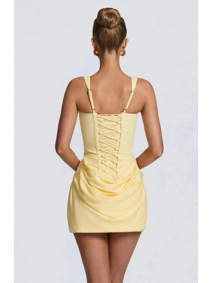 Women's Square Neck Sleeveless Mini Dress, Corset Style Ruched Bodycon Party Dress