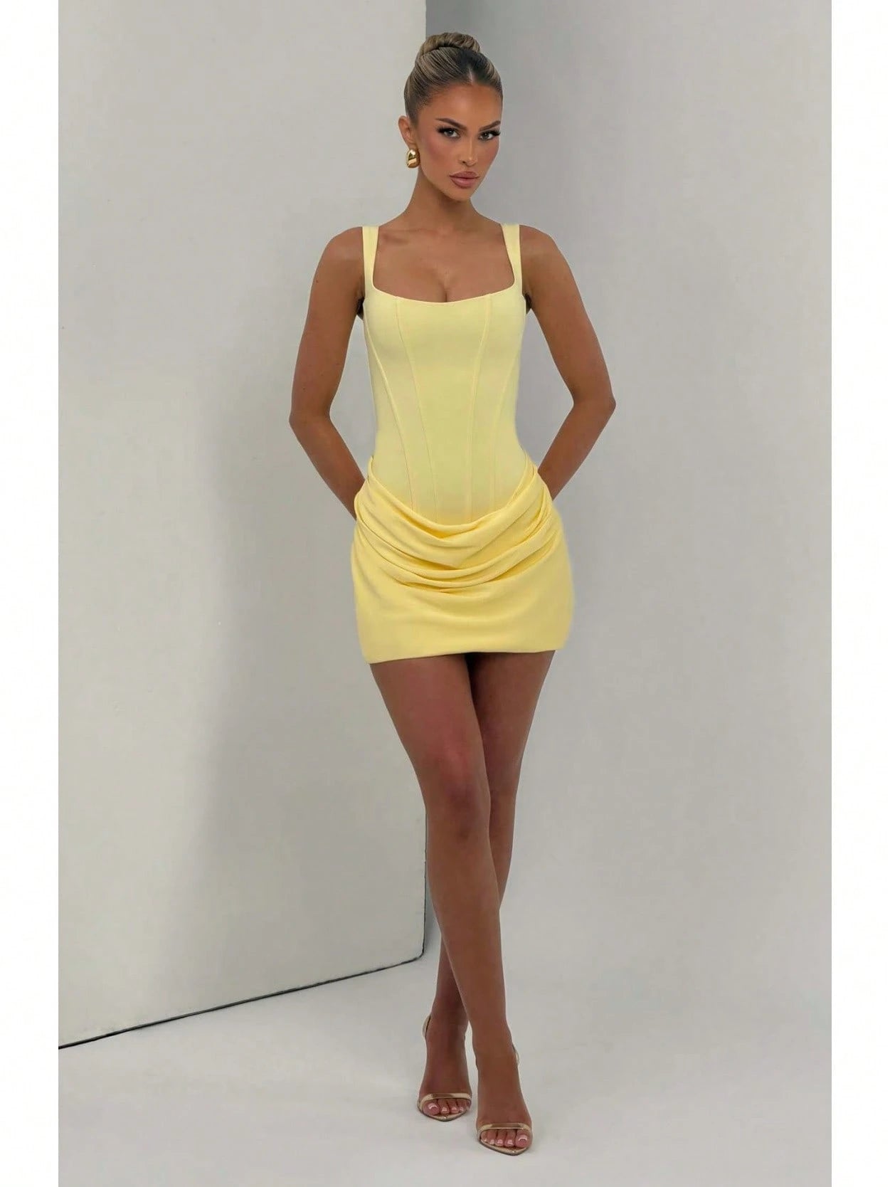 Women's Square Neck Sleeveless Mini Dress, Corset Style Ruched Bodycon Party Dress