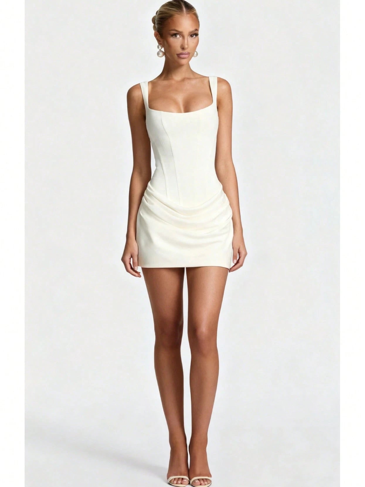 Women's Square Neck Sleeveless Mini Dress, Corset Style Ruched Bodycon Party Dress