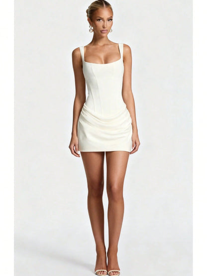 Women's Square Neck Sleeveless Mini Dress, Corset Style Ruched Bodycon Party Dress