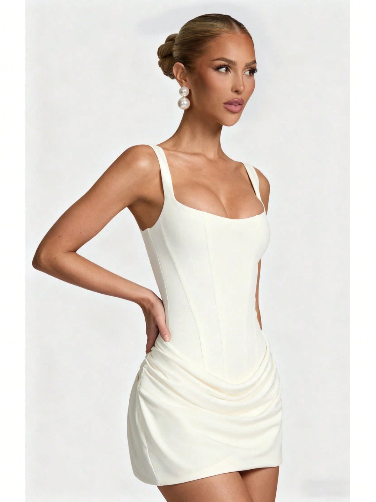 Women's Square Neck Sleeveless Mini Dress, Corset Style Ruched Bodycon Party Dress
