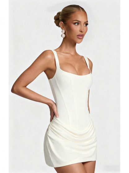 Women's Square Neck Sleeveless Mini Dress, Corset Style Ruched Bodycon Party Dress