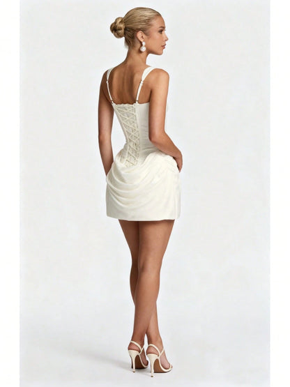 Women's Square Neck Sleeveless Mini Dress, Corset Style Ruched Bodycon Party Dress