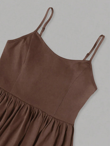 Women's Summer Elegant Coffee Color Spaghetti Strap Dress, Waist-Cinching A-Line Skirt, Suitable For Daily Wear, Dating, Outings And Vacation, Aesthetic